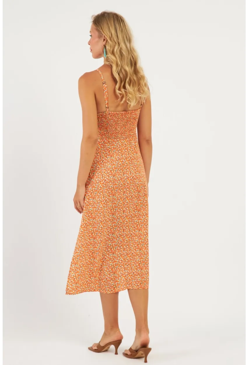 Kadın Turuncu Sırtı Gipeli Desenli Midi Elbise MP427