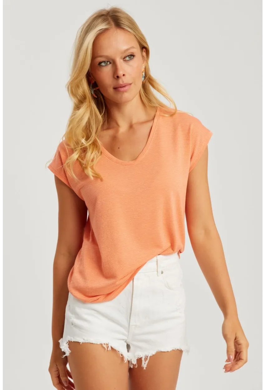 Kadın Turuncu V Yaka Simli Bluz RX436