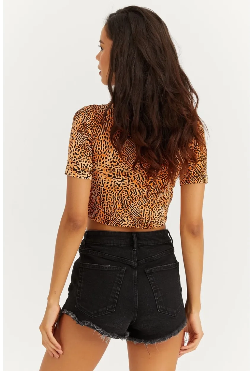 Kadın Turuncu Yarım Balıkçı Leopar Desen Bluz LPP1208