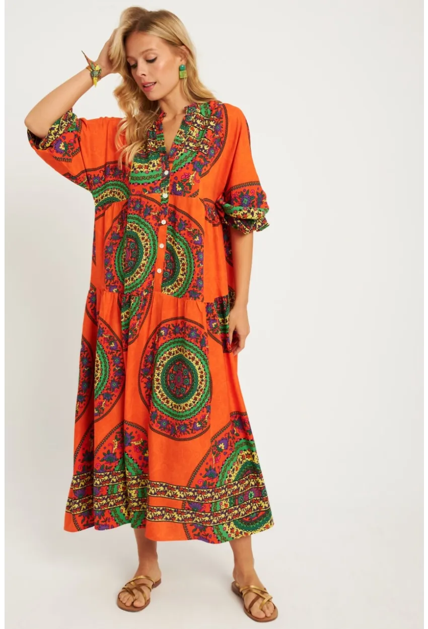 Kadın Turuncu-Yeşil Desenli Midi Elbise MGÇ169