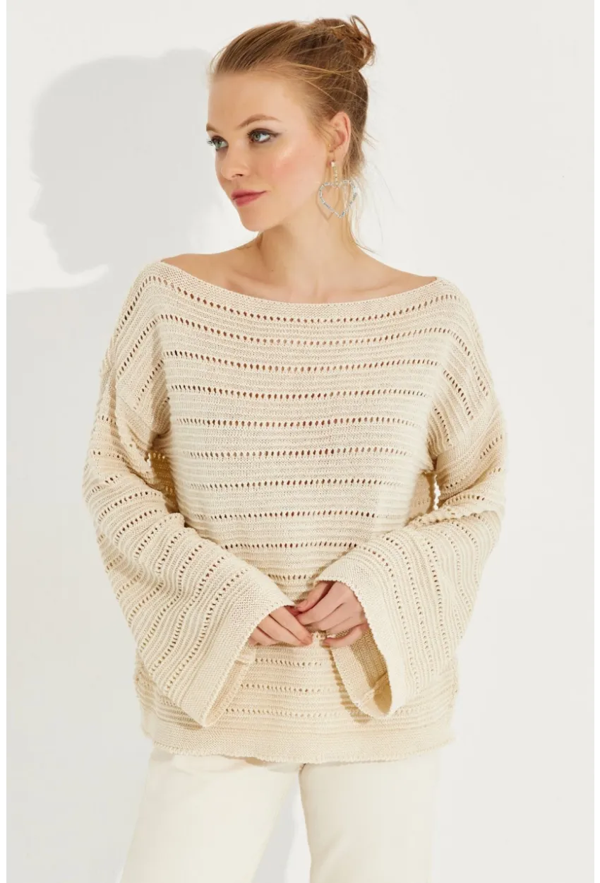 Kadın Vanilya Ajurlu Triko Bluz YV213