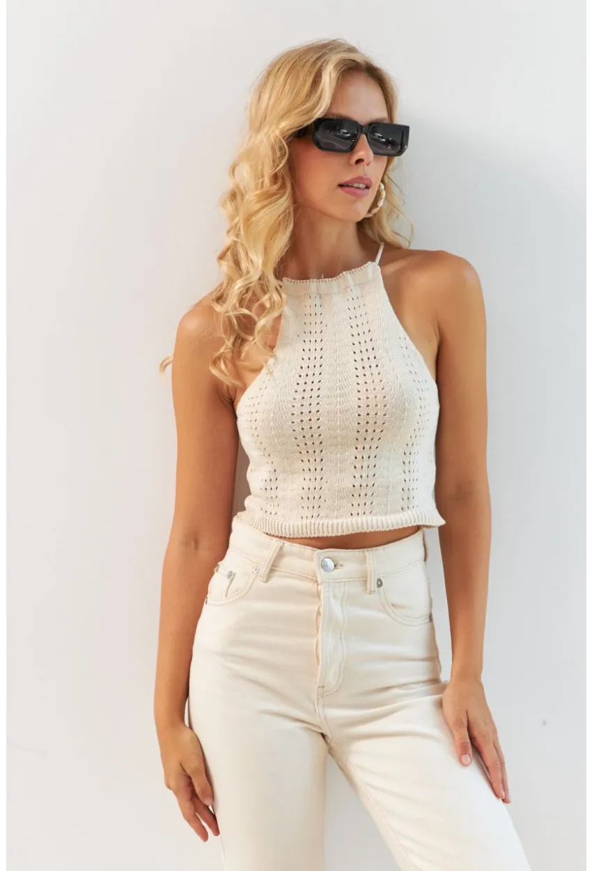 Kadın Vanilya Ayarlanabilir Boyunlu Triko Bluz MP20147