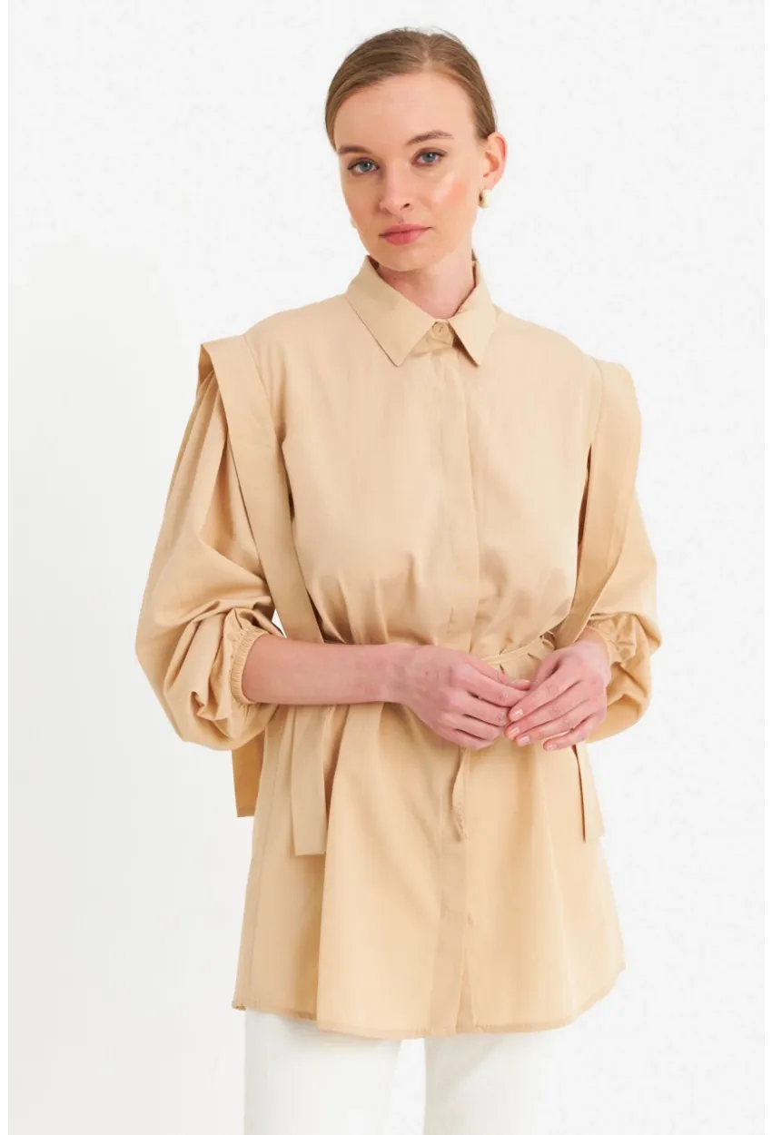 Kadın Vanilya Bağlama Detaylı Basic Gömlek MASF185