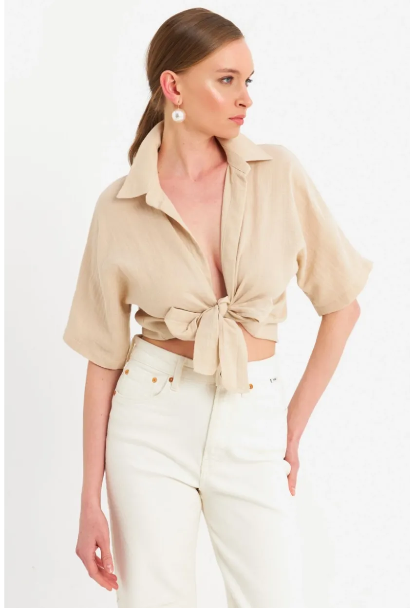 Kadın Vanilya Bağlamalı Keten Bluz BTH16