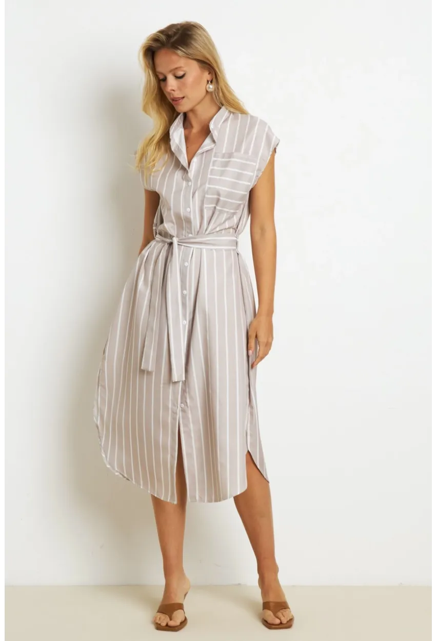 Kadın Vanilya Çizgili Midi Gömlek Elbise SF1000