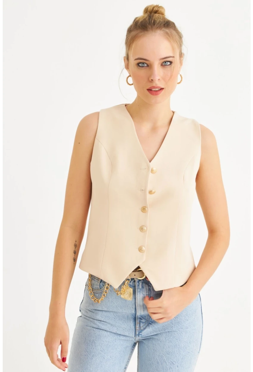 Kadın Vanilya Düğme Detaylı Astarlı Yelek SGT410