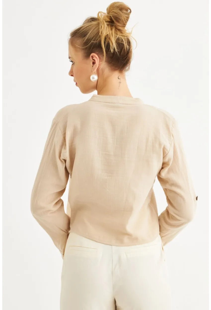 Kadın Vanilya Düğmeli Keten Gömlek Bluz BTH17