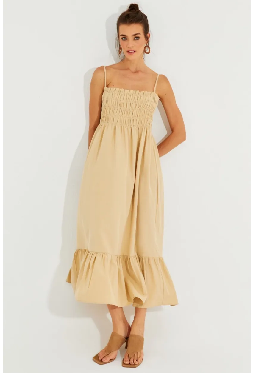 Kadın Vanilya Gipeli Askılı Midi Elbise MEN2000