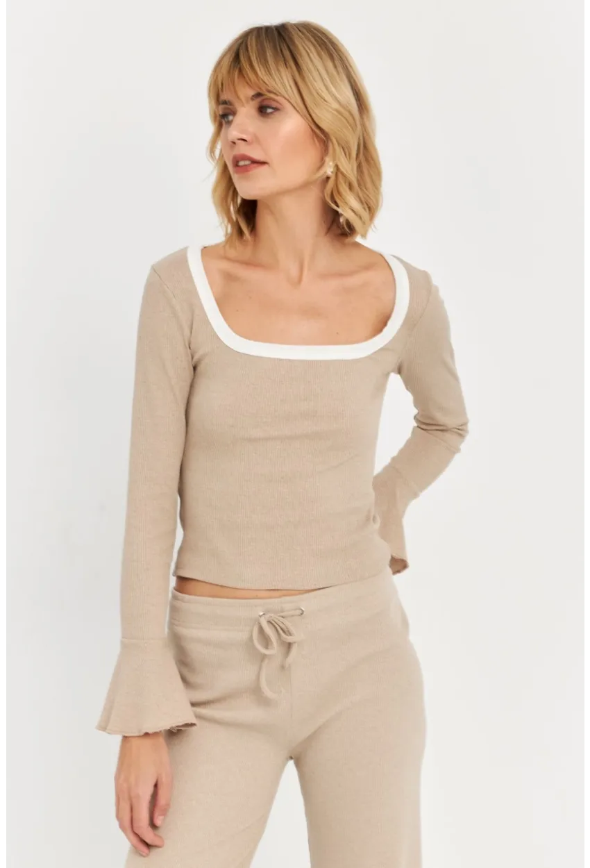 Kadın Vanilya Kontrast Yaka İspanyol Kol Bluz ALB3105