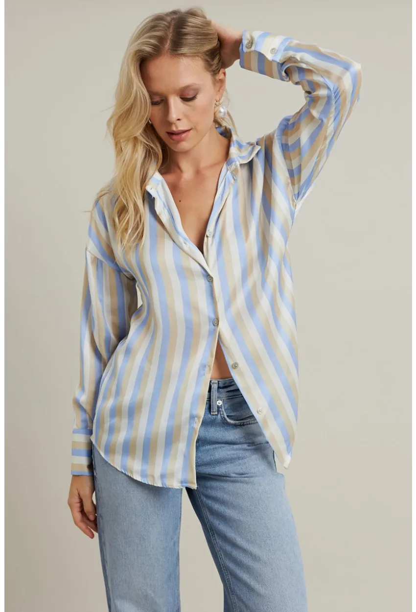 Kadın Vanilya-Mavi Desenli Saten Gömlek MSHR9