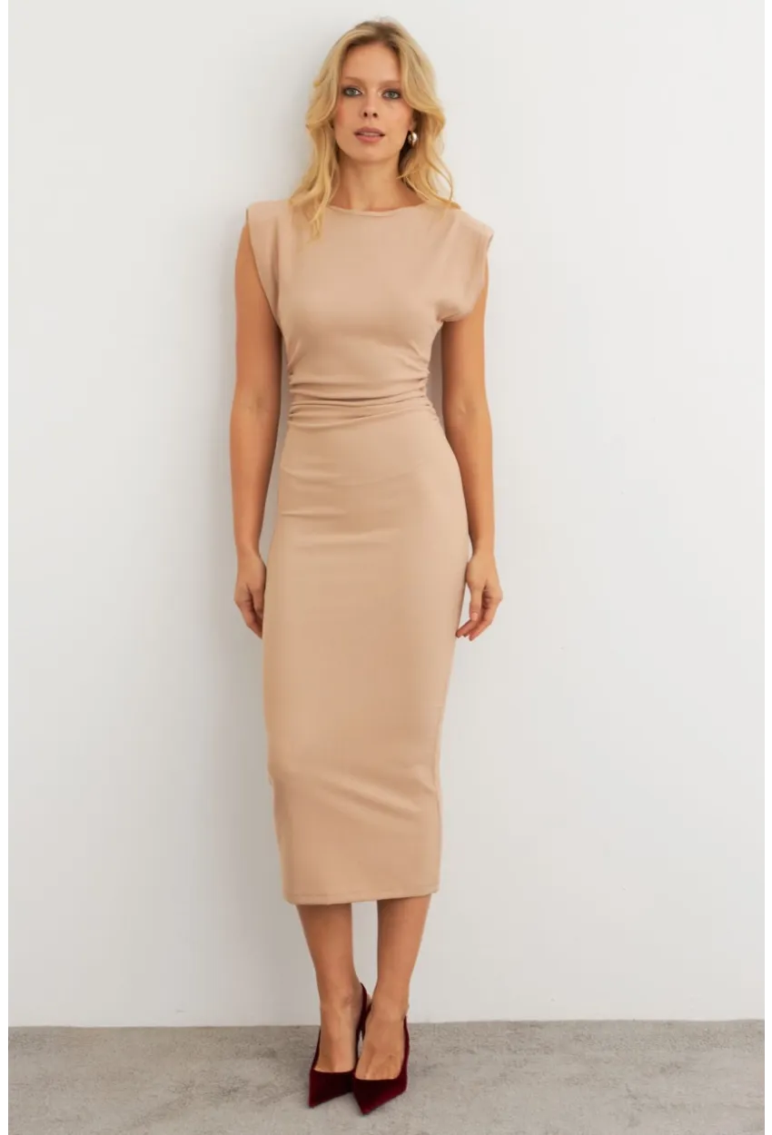 Kadın Vanilya Omuzları Vatkalı Drape Maxi Elbise KED4252