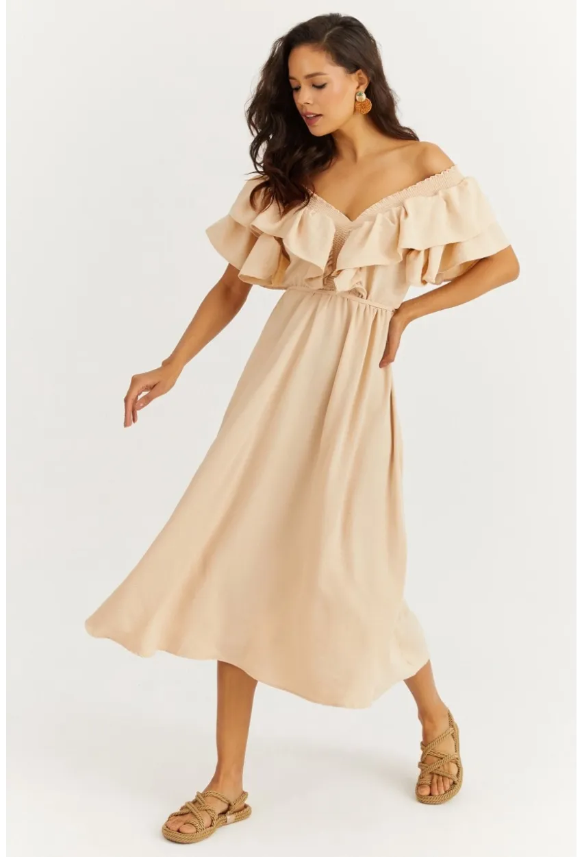 Kadın Vanilya Ön Arka V Volanlı Elbise KS113