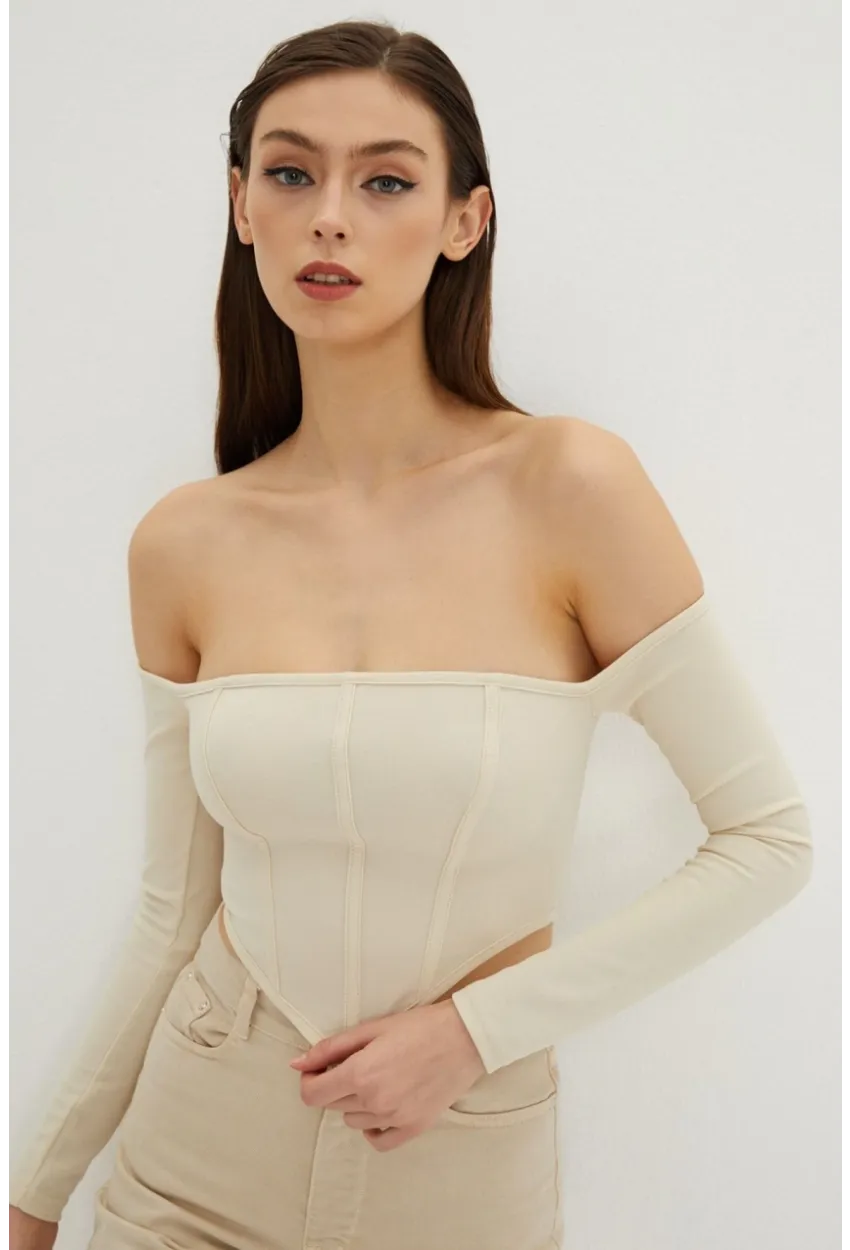 Kadın Vanilya Sırt Fermuarlı Crop Bluz B518