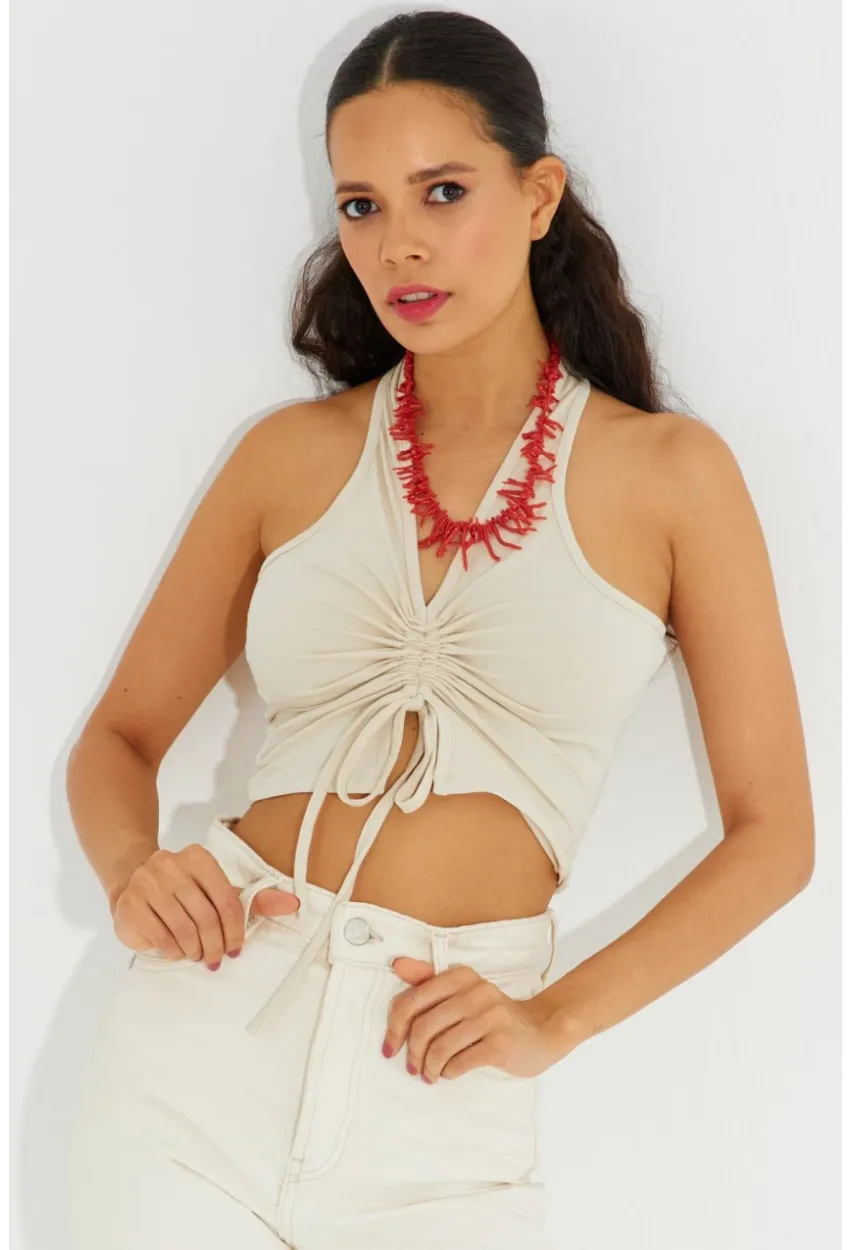 Kadın Vanilya Sırtı Açık Crop Bluz B2697