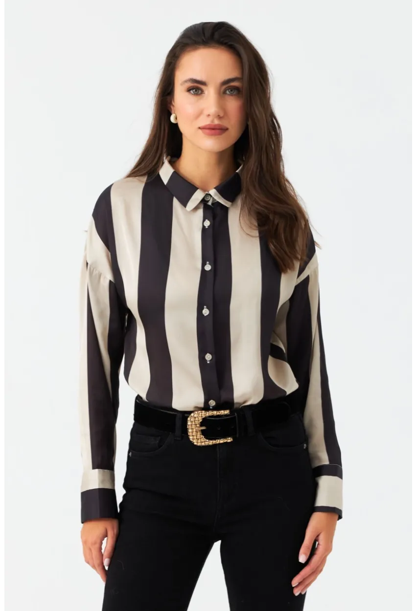 Kadın Vanilya-Siyah Desenli Saten Gömlek MSHR500
