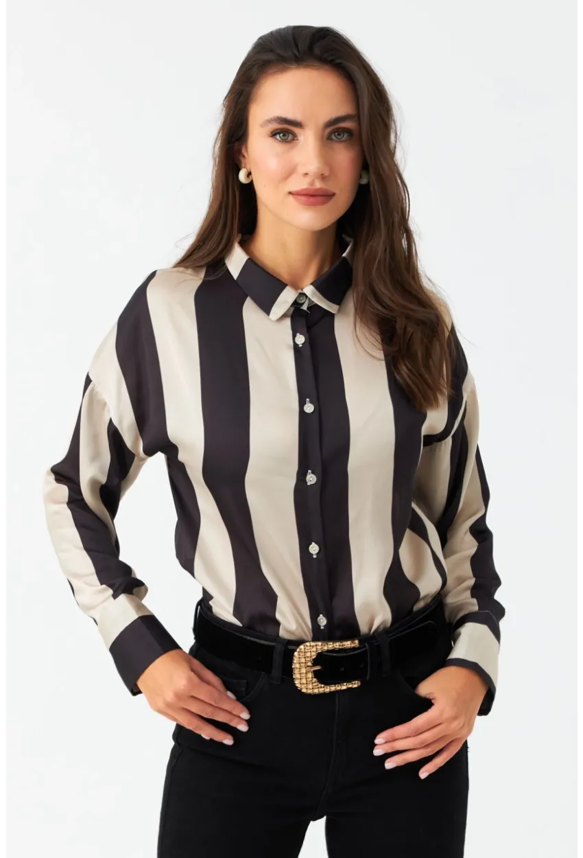 Kadın Vanilya-Siyah Desenli Saten Gömlek MSHR500
