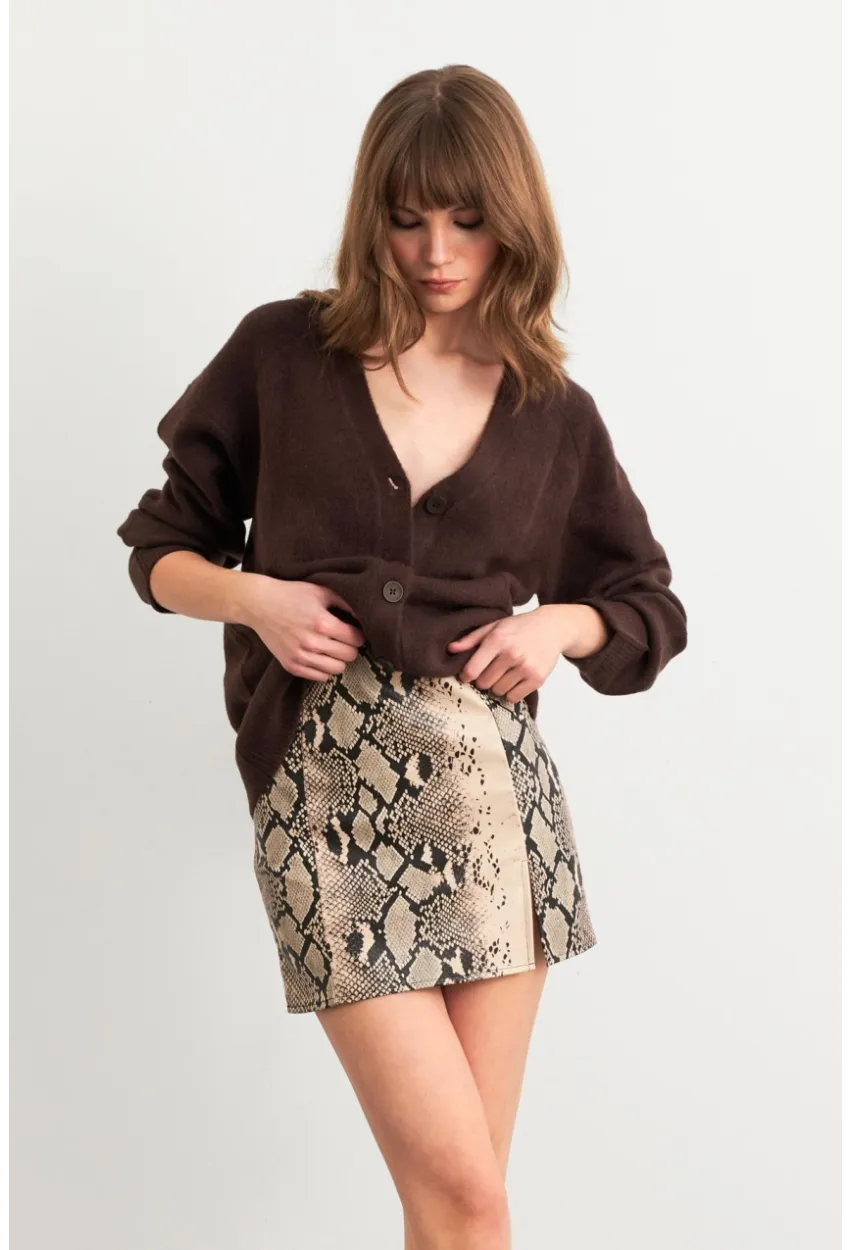 Kadın Vanilya-Siyah Suni Deri Yılan Desenli Mini Etek NH24475