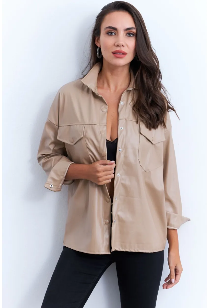 Kadın Vanilya Suni Deri Gömlek HO56