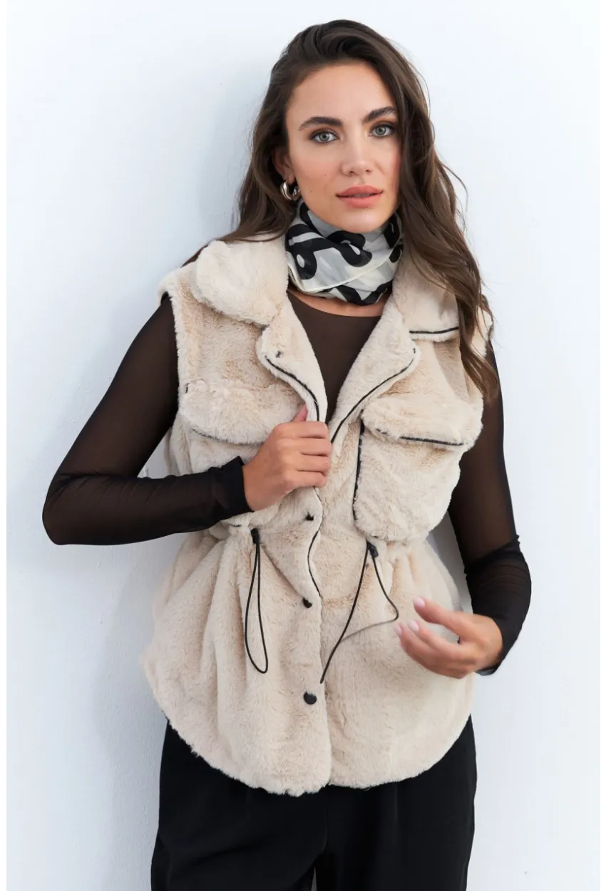 Kadın Vanilya Suni Kürk Cepli Yelek MK66