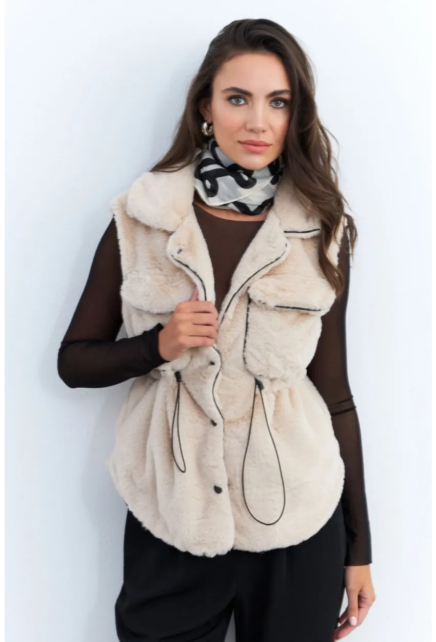 Kadın Vanilya Suni Kürk Cepli Yelek MK66