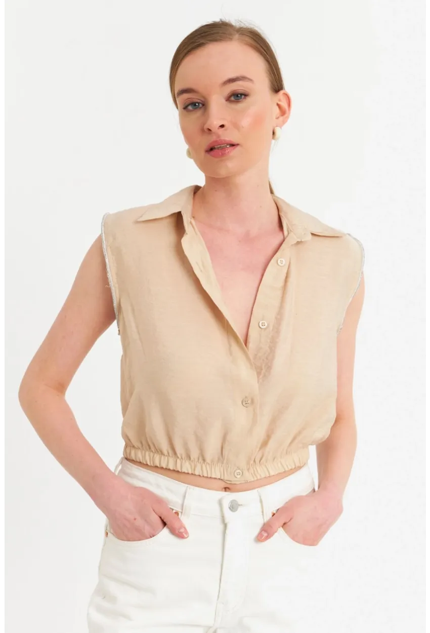 Kadın Vanilya Taş Detaylı Crop Gömlek SUN200