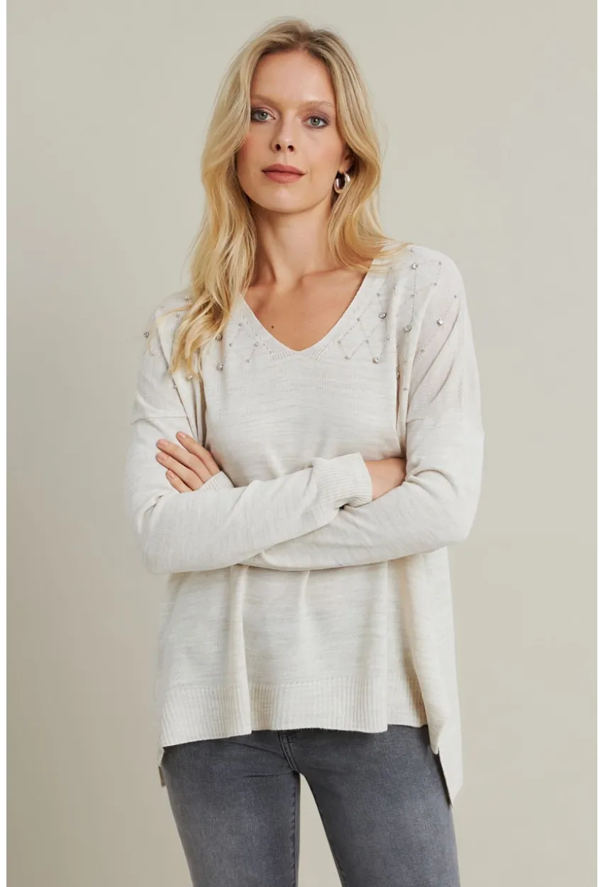 Kadın Vanilya V Yaka Taşlı İnce Triko Bluz MYİL002