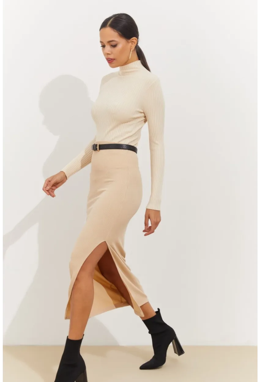 Kadın Vanilya Yandan Yırtmaçlı Midi Etek BK1600