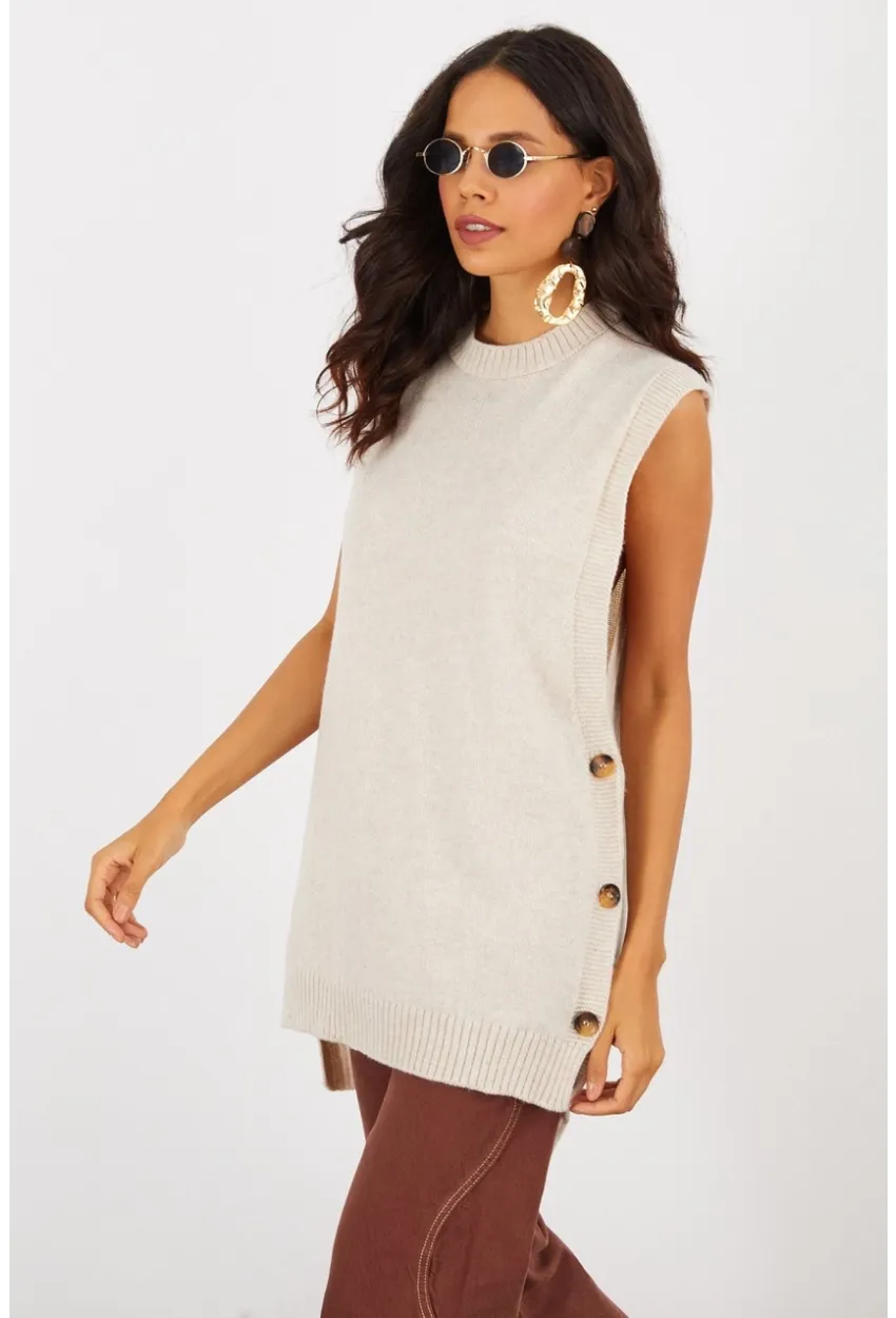 Kadın Vanilya Yanları Düğmeli Kolsuz Triko Tunik YV75