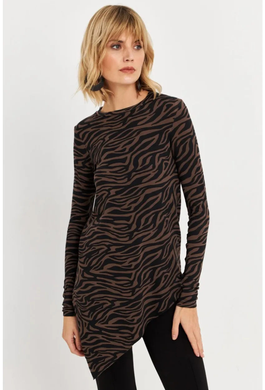 Kadın Vizon Asimetrik Zebra Desenli Tunik MLPP1186-1