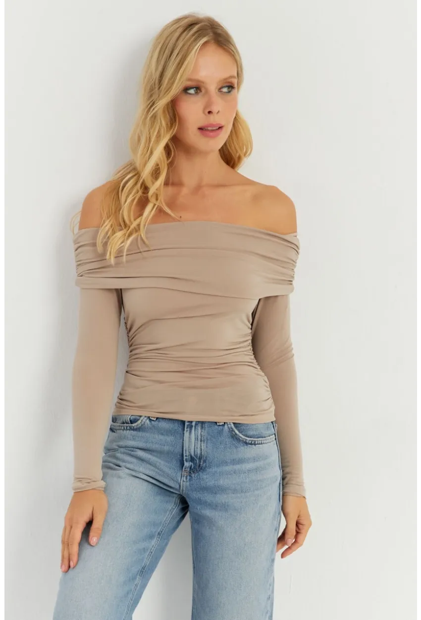 Kadın Vizon Büzgülü Madonna Bluz MON1119