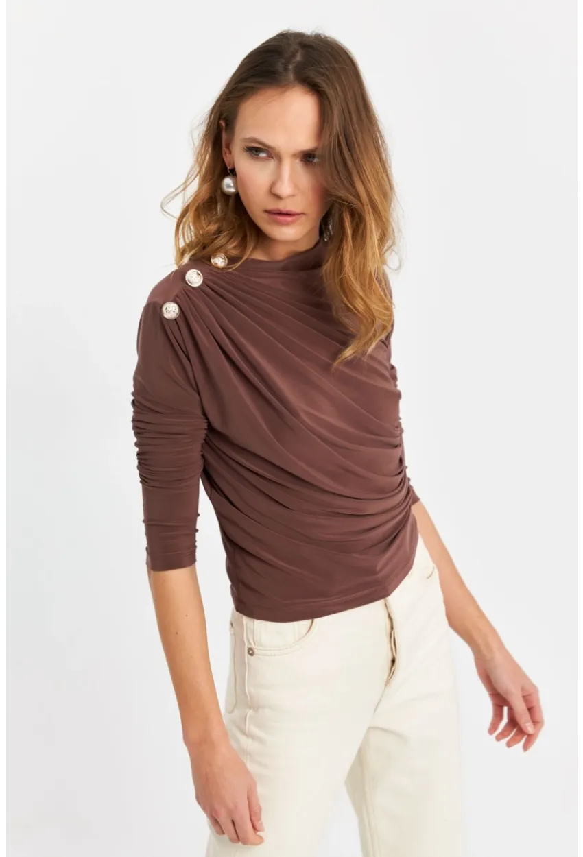 Kadın Vizon Düğme Detaylı Büzgülü Bluz LPP1223-1
