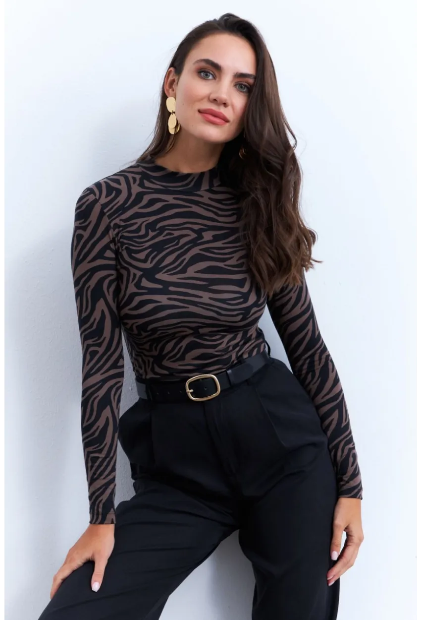 Kadın Vizon-Siyah Zebra Desenli Bluz LPP1275