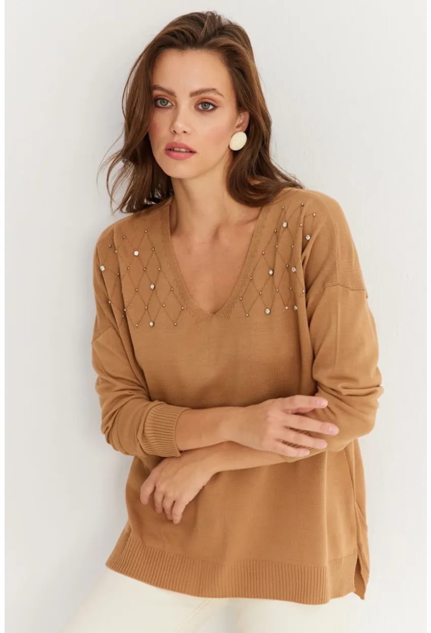 Kadın Vizon V Yaka Taşlı İnce Triko Bluz YİL002