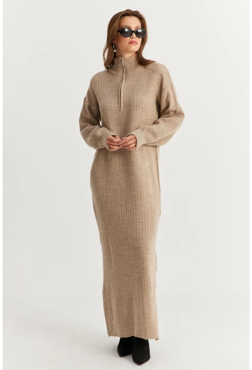 Kadın Vizon Yakası Fermuarlı Triko Maxi Elbise MNUV10