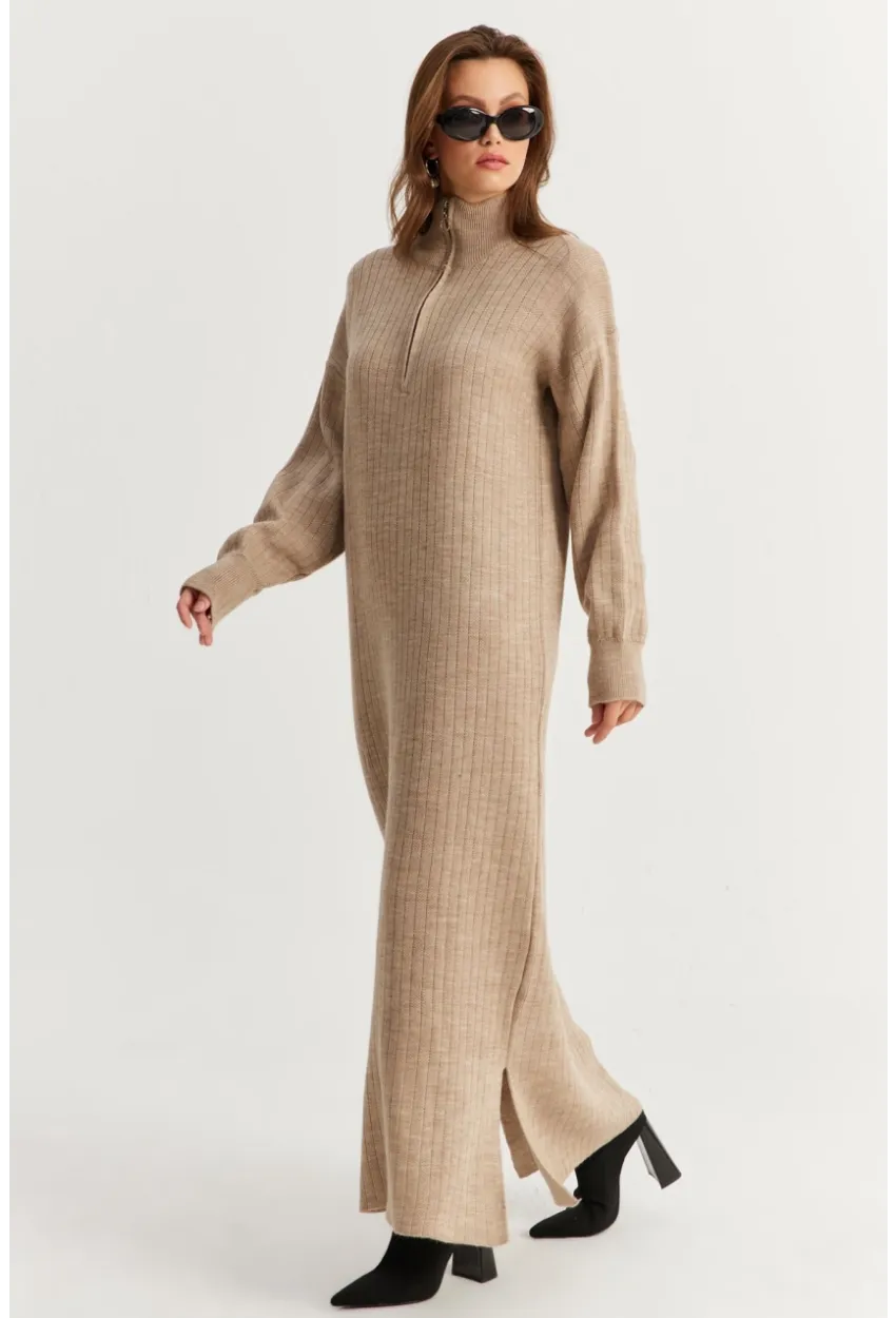 Kadın Vizon Yakası Fermuarlı Triko Maxi Elbise MNUV10