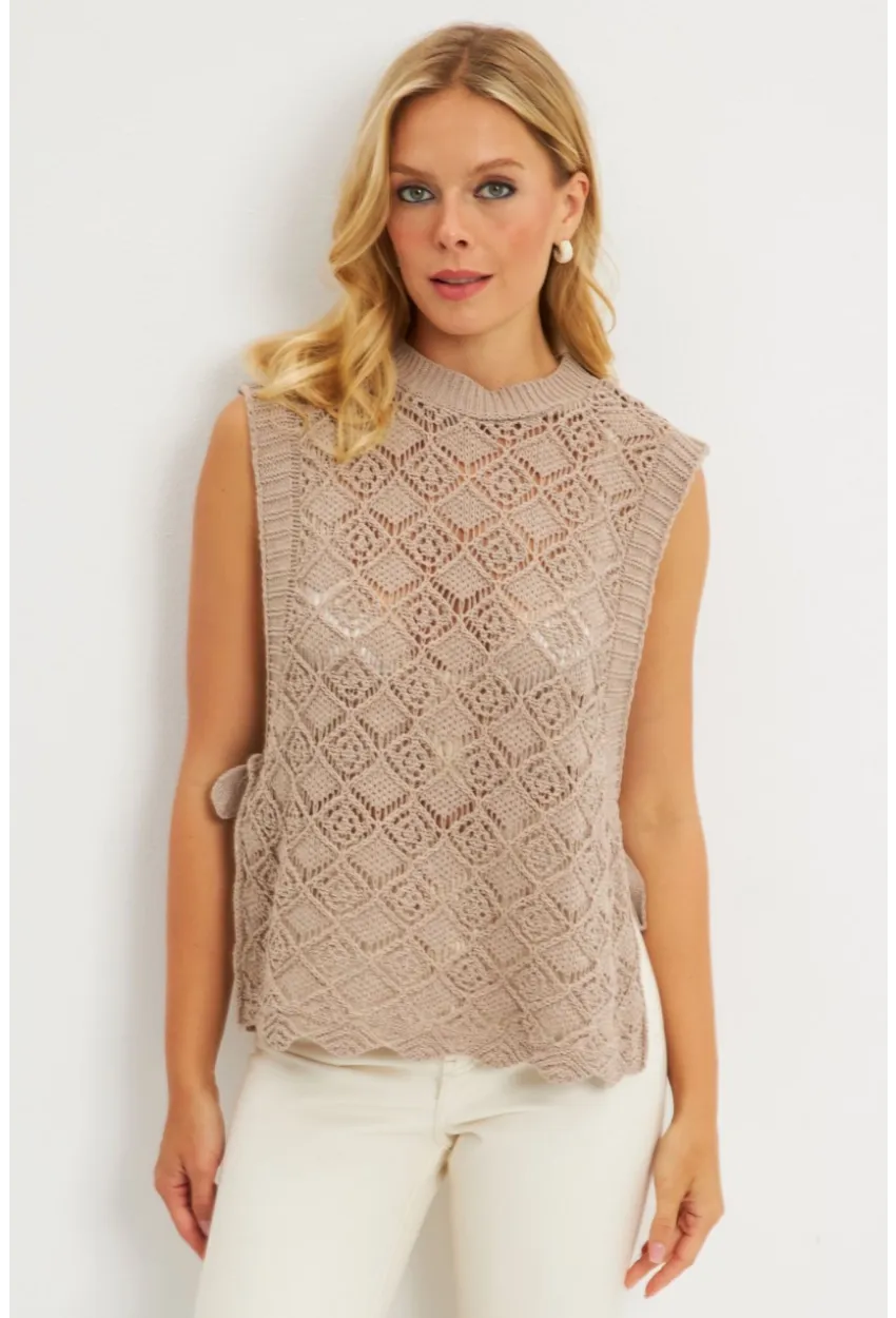 Kadın Vizon Yanları Bağlamalı Ajurlu Süveter YV226