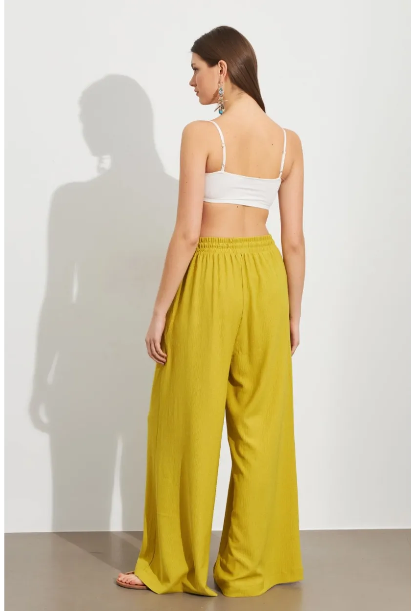 Kadın Yağ Yeşili Beli Lastikli Bürümcük Pantolon ROP105