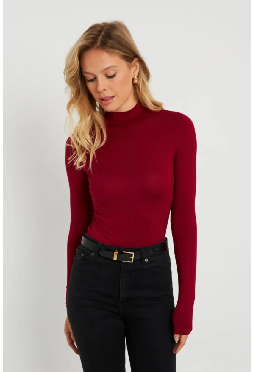 Kadın Yarım Balıkçı Bluz Bordo AYD289