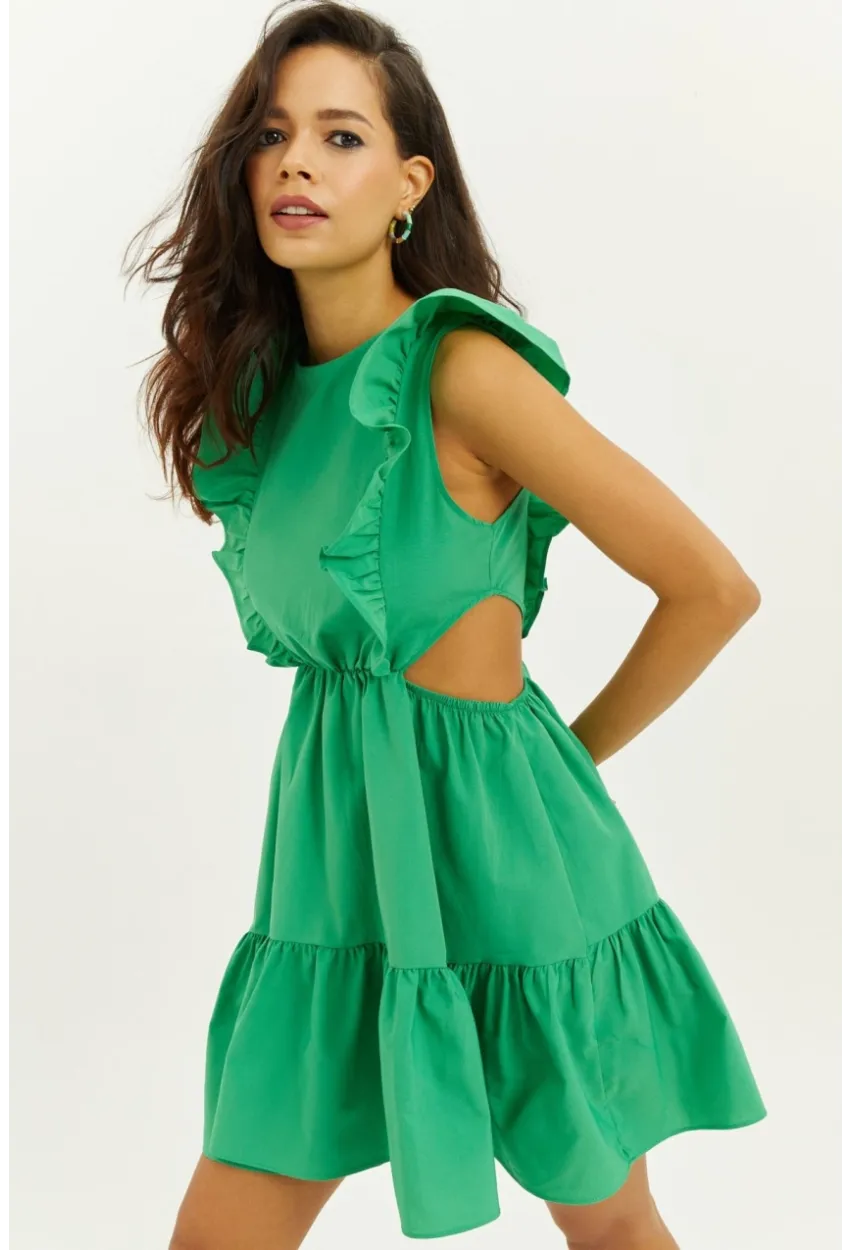 Kadın Yeşil Bel Dekolteli Volanlı Mini Elbise SF1523