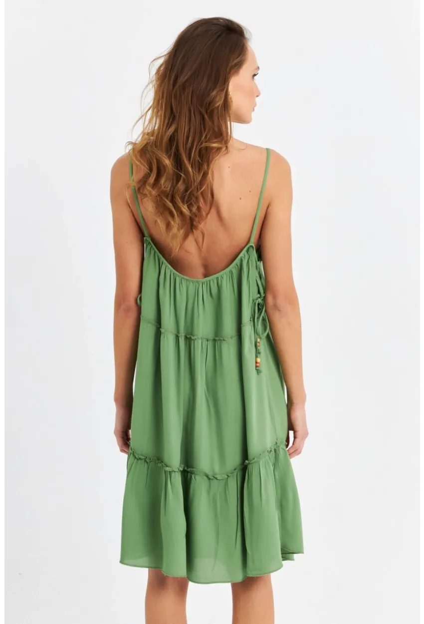 Kadın Yeşil Beli İpli Midi Elbise PC22756