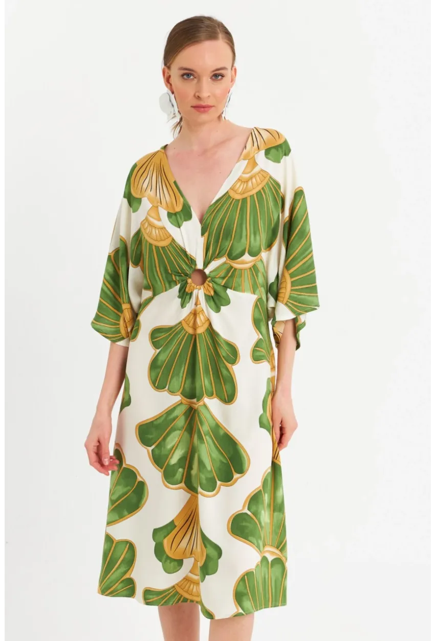 Kadın Yeşil-Beyaz Desenli Pencereli Midi Elbise Q1003