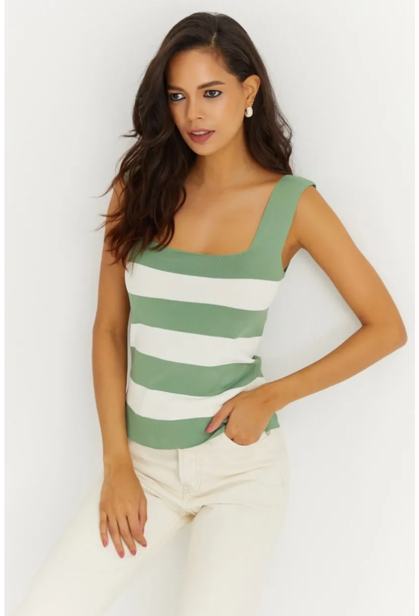 Kadın Yeşil-Beyaz Kare Yaka Triko Bluz YV80