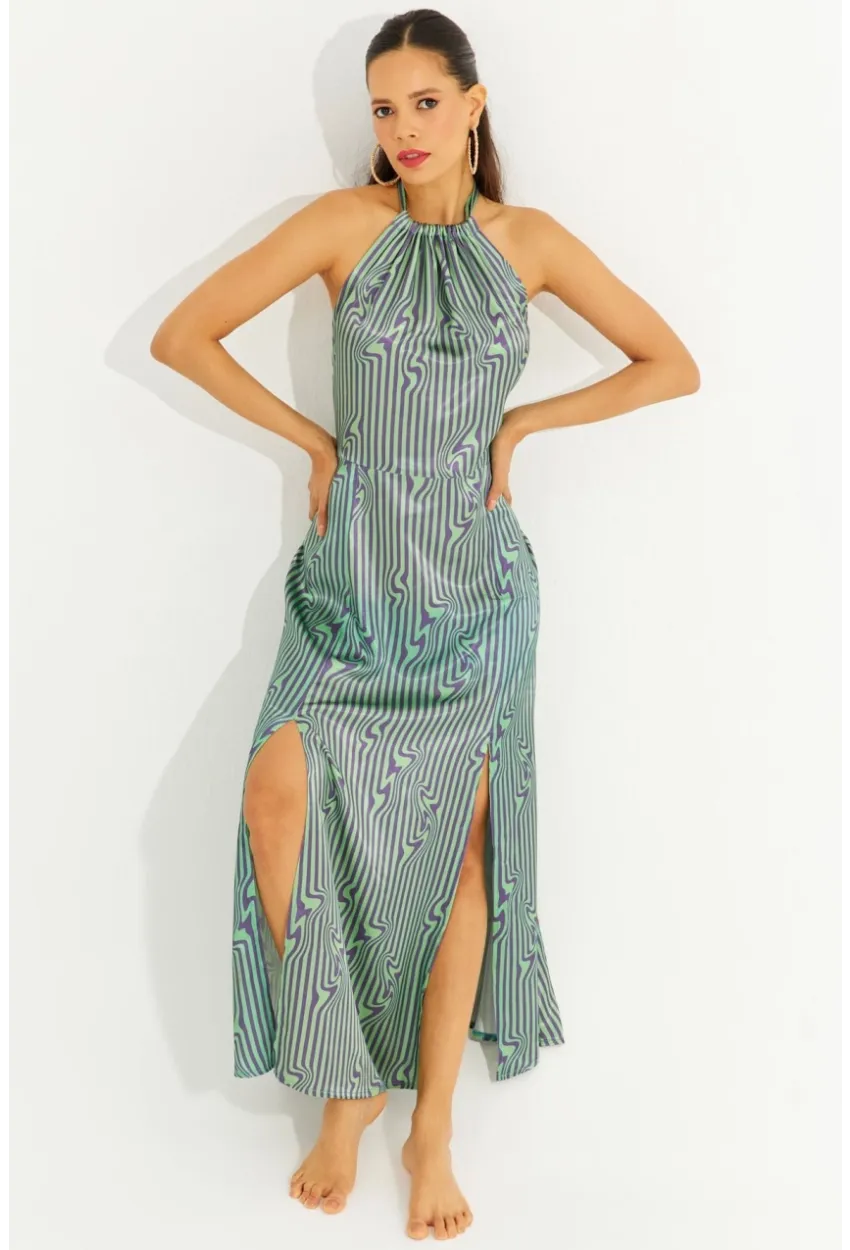 Kadın Yeşil Boyun Bağlamalı Sırtı Gipeli Maxi Elbise BK1664