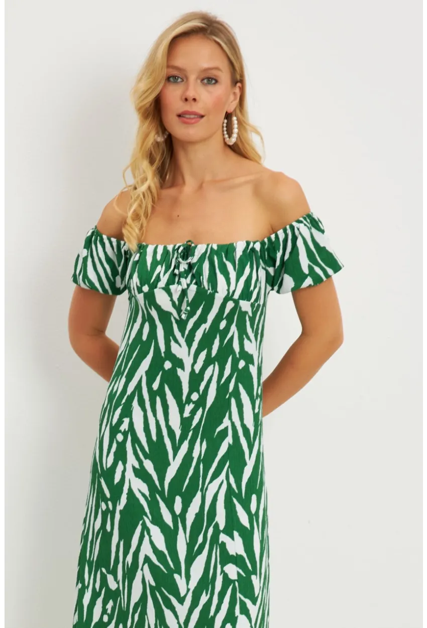 Kadın Yeşil Bürümcük Büzgülü Midi Elbise DY105