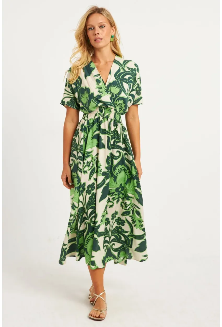 Kadın Yeşil Desenli Gipeli Midi Elbise YZ1055