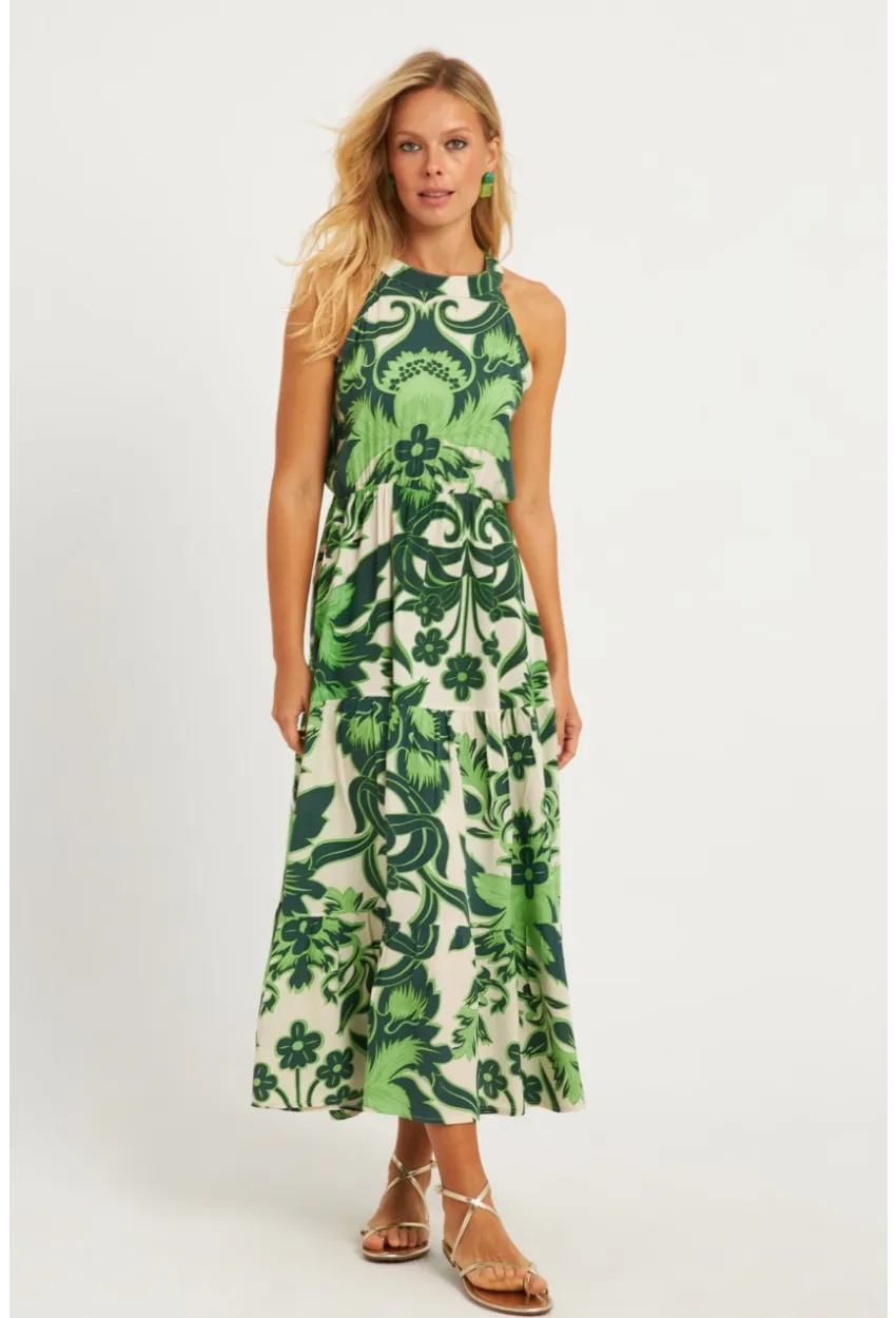 Kadın Yeşil Desenli Midi Elbise YZ1107