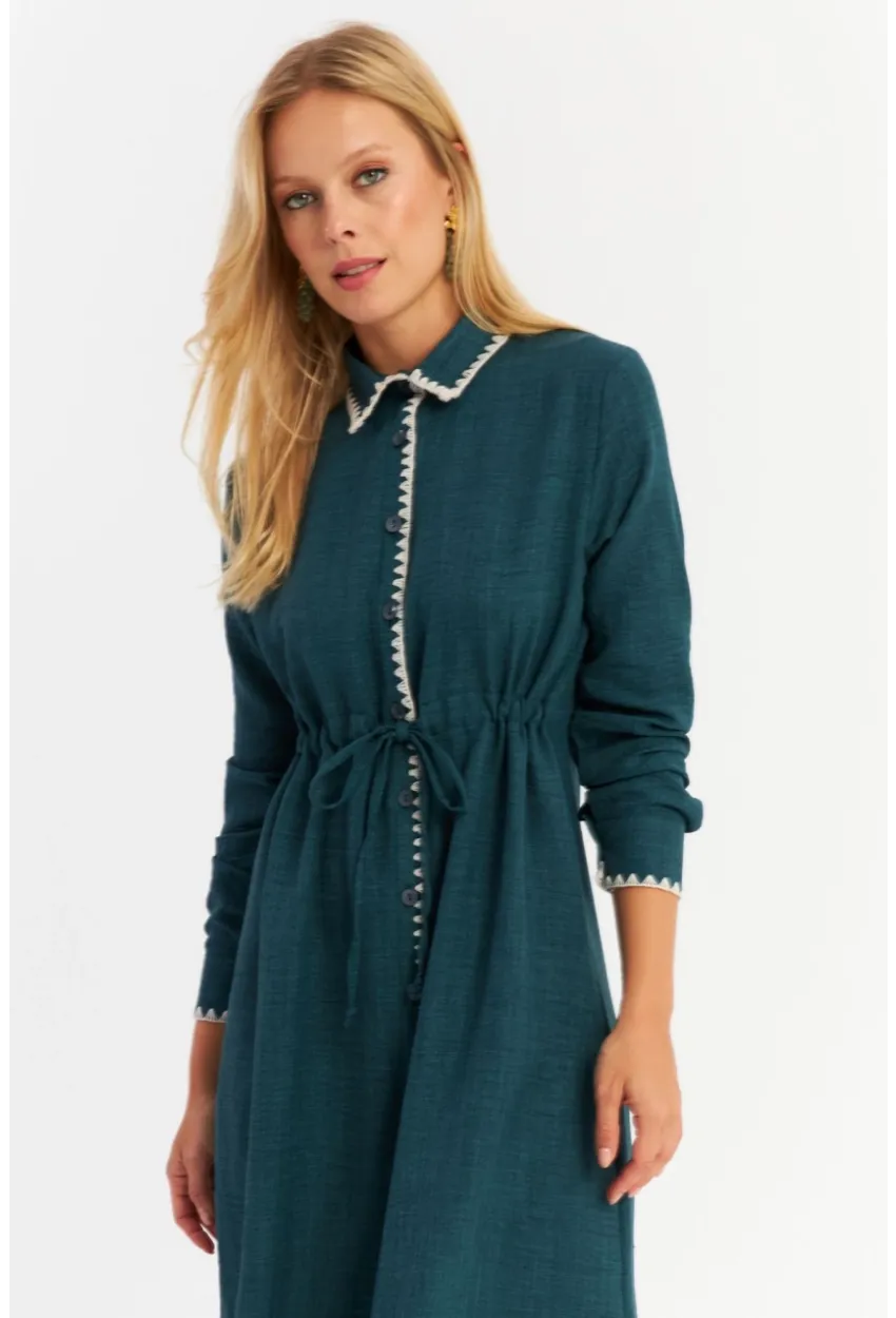 Kadın Yeşil Garnili Gömlek Midi Elbise MASF10