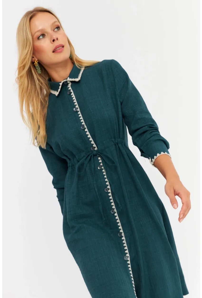 Kadın Yeşil Garnili Gömlek Midi Elbise MASF10