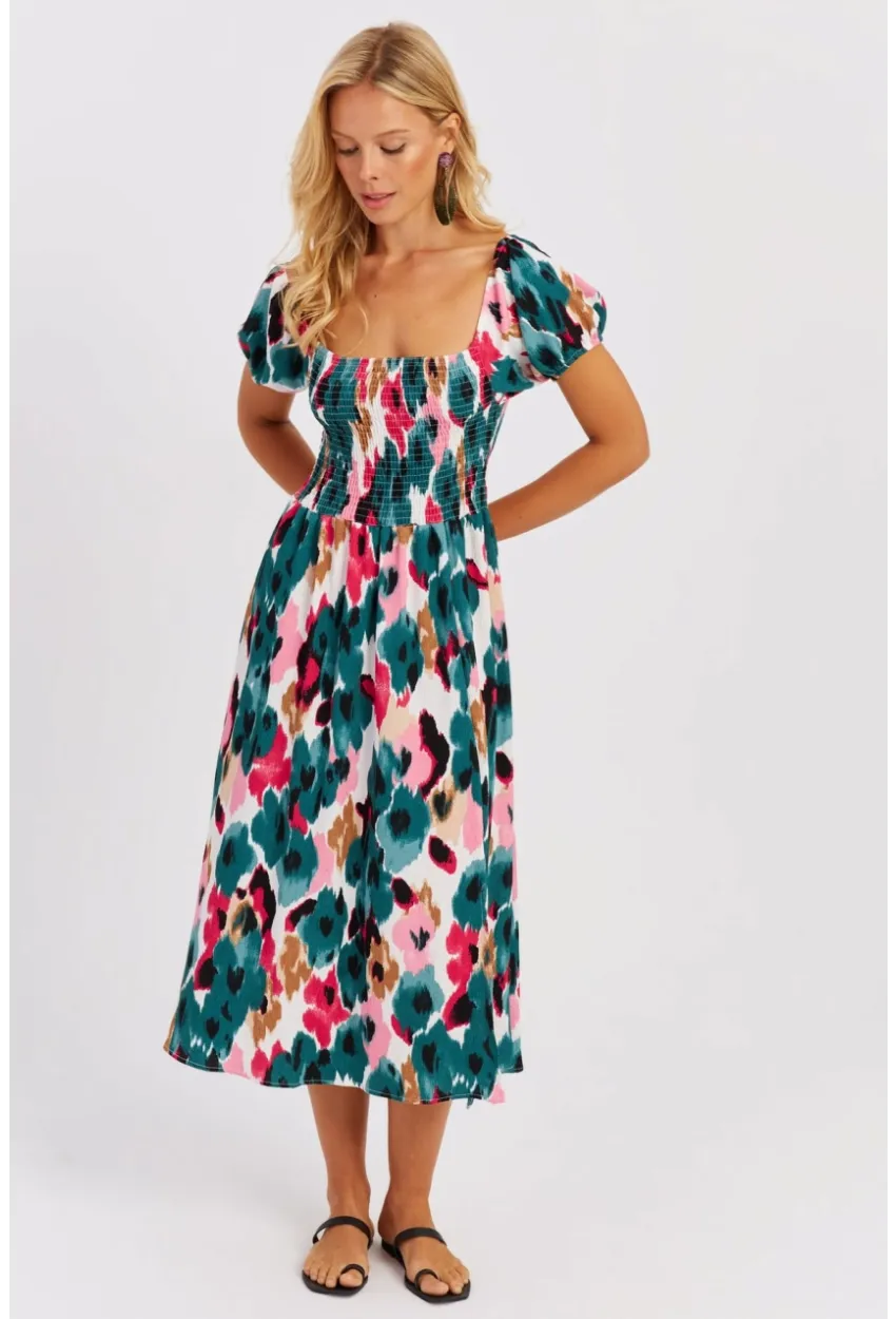 Kadın Yeşil Gipeli Desenli Midi Elbise MON126