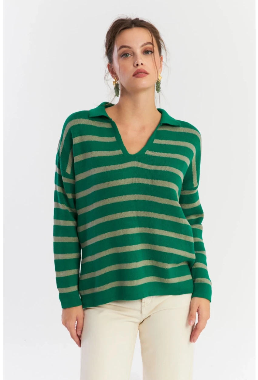 Kadın Yeşil-Gri Polo Yaka Çizgili Triko Kazak SE01